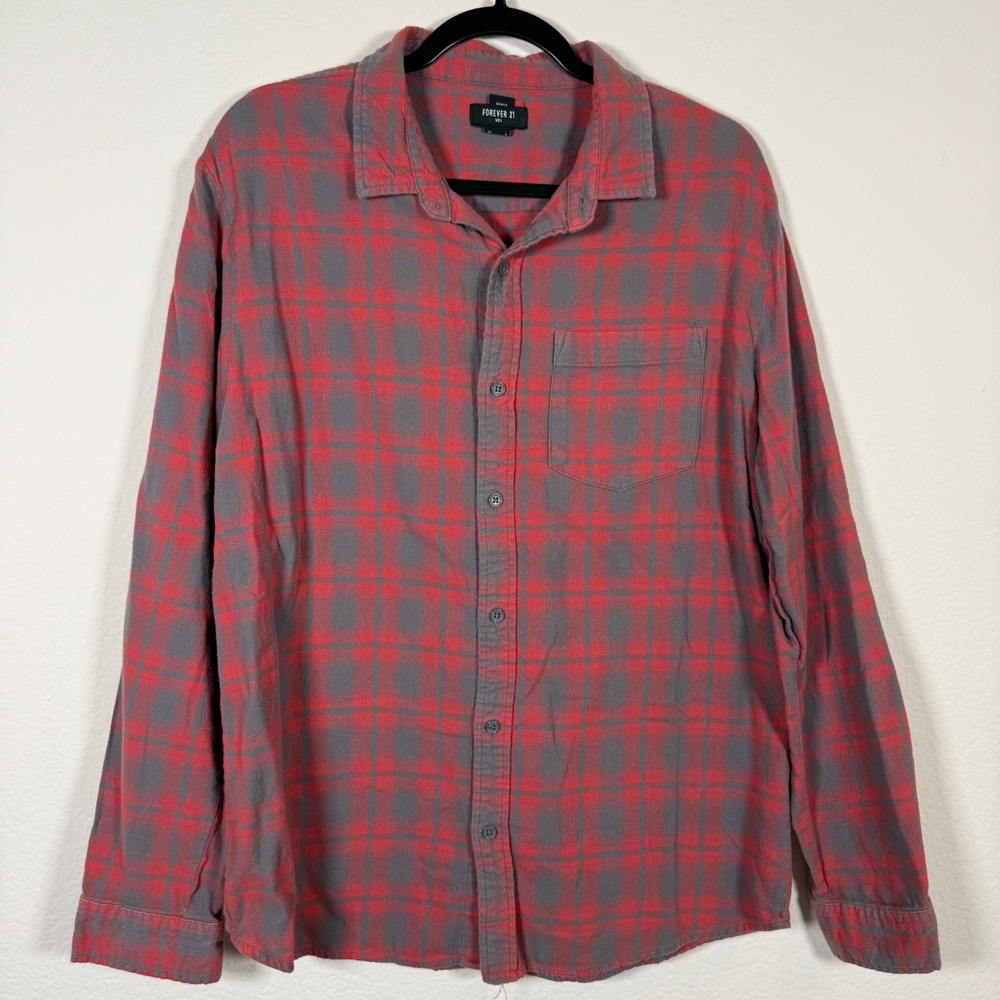 Forever 21 Flannel Shirt Mens Large Red Gray Plaid Long Sleeve Button Down